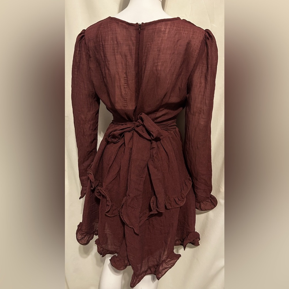 NWT Saints + Secrets Sz L Wine Sheer Ruffle Dress Cottagecore Whimsigoth Boho - Picture 6 of 8